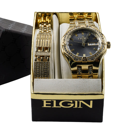 Elgin Men's Gold Tone 2 Piece Watch Bracelet Box Set