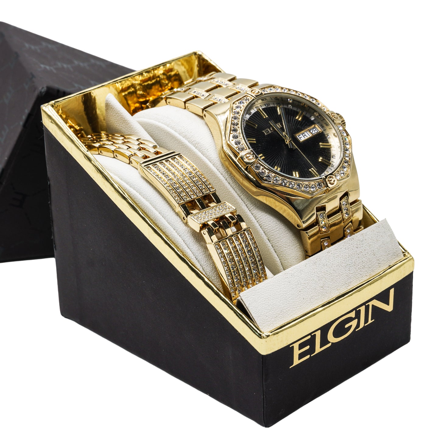 Elgin Men's Gold Tone 2 Piece Watch Bracelet Box Set