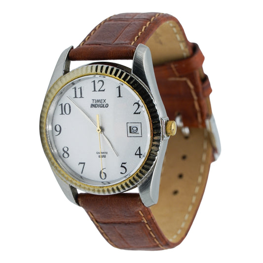 Timex Indiglo Vintage 2000 Date Watch Two-Tone w/ Speidel Leather Band 35mm