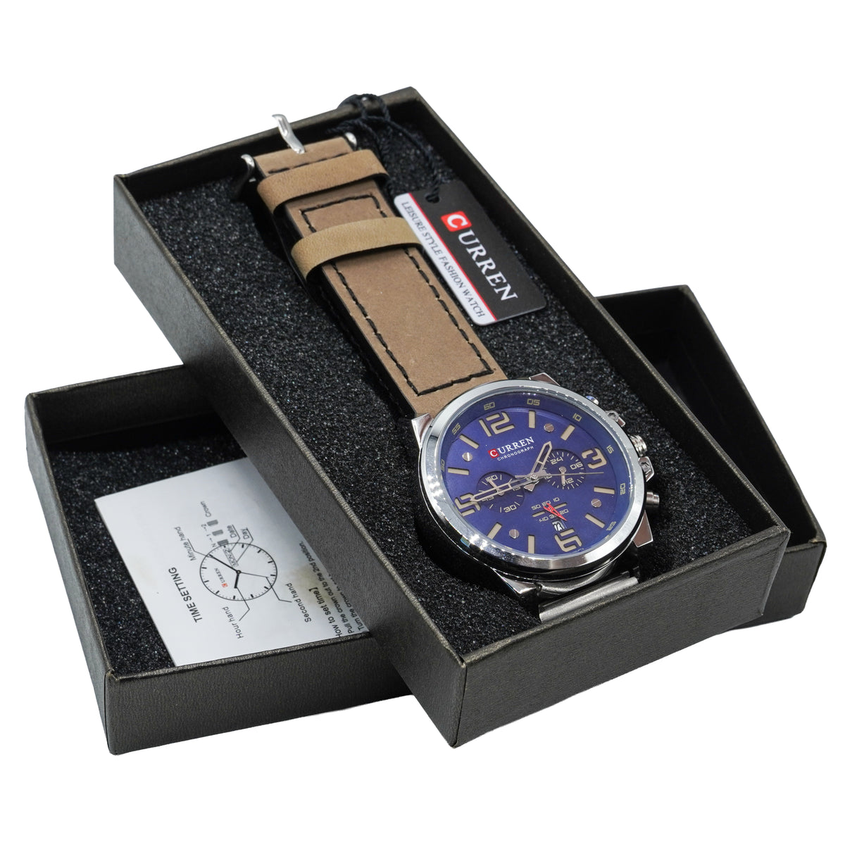 CURREN Men Watch Mens Blue Dial Chronograph Leather Quartz Watch